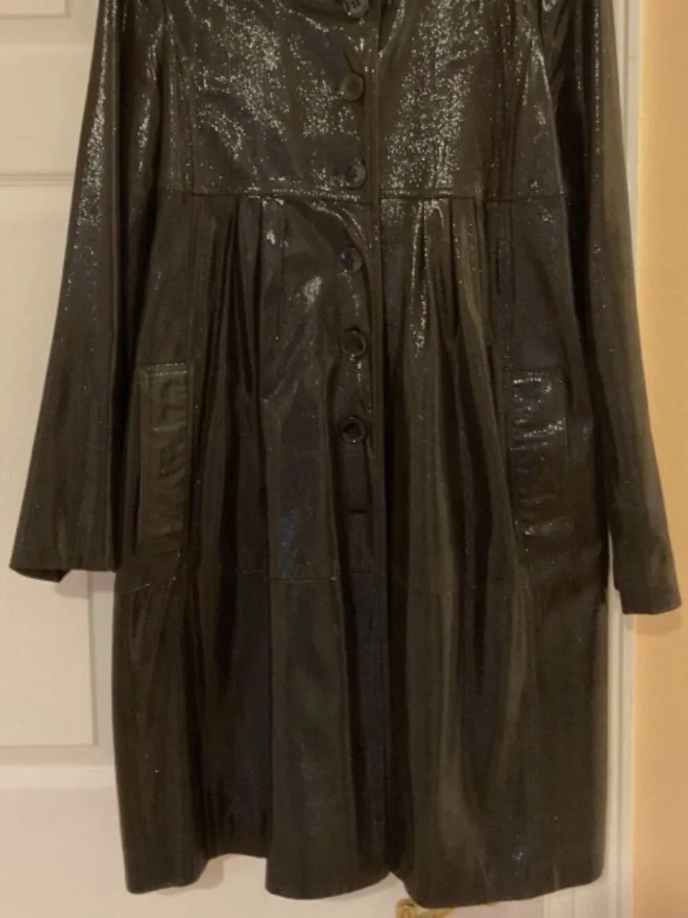 BURBERRY Black Shimmer Leather Coat IT sz46/ US sz 12- MADE IN ITALY - Picture 2 of 9